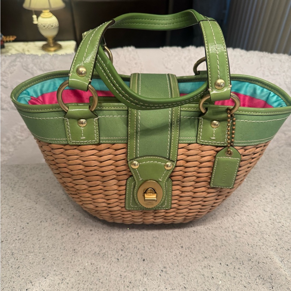 Coach Green and Tan Woven Tote Bag